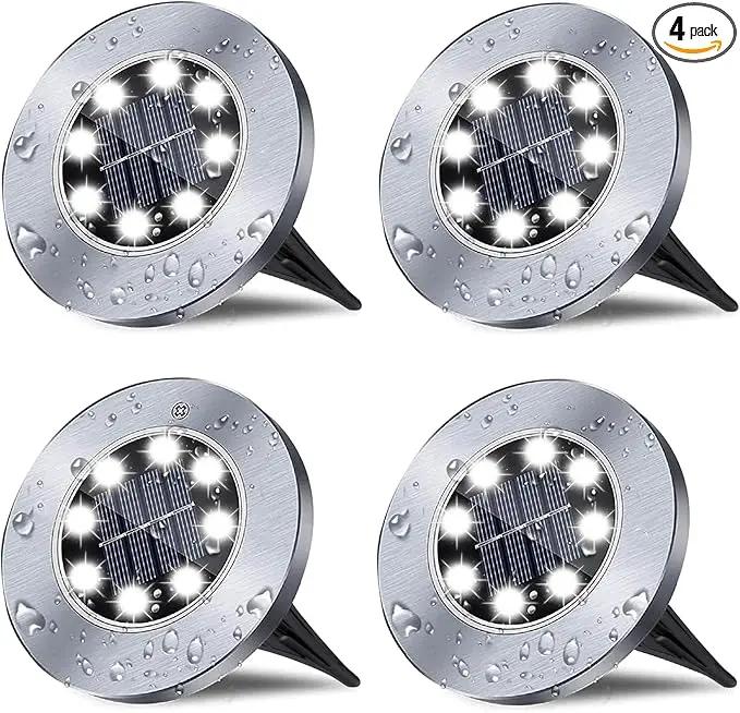 Solar Ground Lights, 4 Pack 8 LED White Solar Pathway Lights, Waterproof, Modern, Outdoor, In-Ground, Garden, Path, Deck, Lawn, Patio, Walkway by GreenHaven Gardens