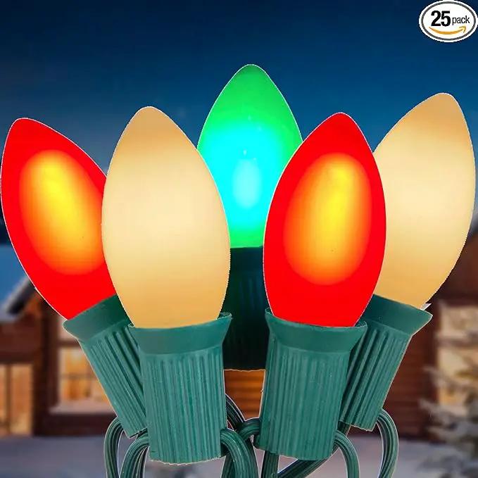 25Ft Red, White, and Green C9 Outdoor Christmas Lights with 26 Incandescent Bulbs (1 Spare), Extendable C9 Christmas String Lights for Tree, Roofline by GreenHaven Gardens