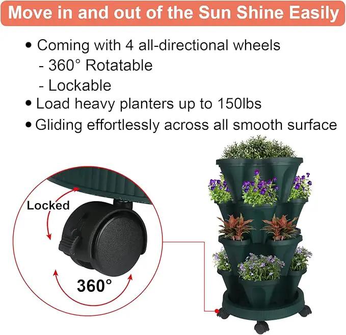 Vertical Planter 4 Tier Stackable Planters Garden Planters Strawberry Herb Flower and Vegetable Planter Indoor Outdoor Gardening Pots with Removable Wheels and Tools 2-Pack by GreenHaven Gardens