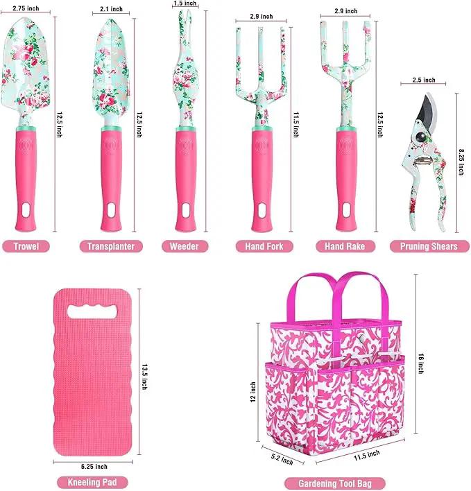 Gardening Tools, 8 Pcs Heavy Duty Floral Garden Tool Set Birthday Gifts for Women WANCHI Rose Red Gardening Kit (Garden Tool Bag Kneeling Pad Weeder Fork Hand Rake Pruning Shears Trowel Transplanter) by GreenHaven Gardens
