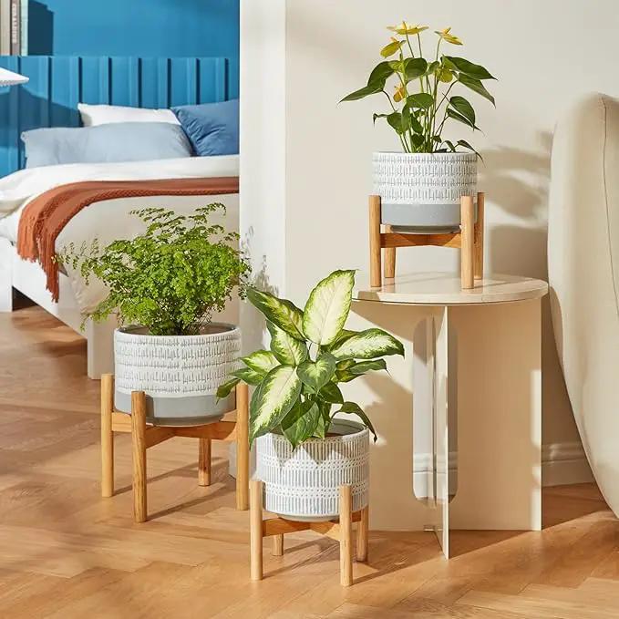 LA JOLIE MUSE Ceramic Plant Pot with Wood Stand - 7.3 Inch Modern Round Decorative Flower Pot Indoor with Wood Planter Holder, Slate Blue and White by GreenHaven Gardens
