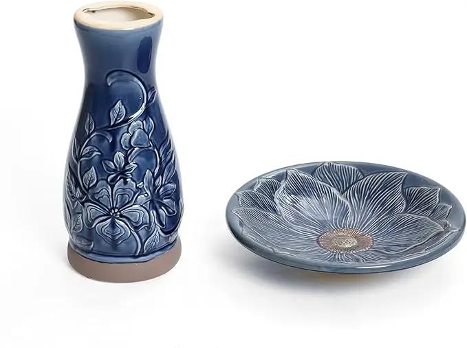 LuxenHome 22 Inch Ceramic Bird Bath for Outside, Elegant Tall Outdoor Bird Bath, Lightweight Pedestal Glazed Birdbaths for Outdoors with Floral Pattern, Deep Blue by GreenHaven Gardens