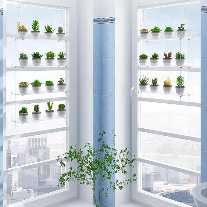 3-Tier Clear Hanging Window Plant Shelves 16In, Height Adjustable Acrylic , Indoor Windows Wall Hanging Plant Stand Flower Display, Flower Pot Organizer Storage for Grow Herbs, Microgreens, Succulents by GreenHaven Gardens