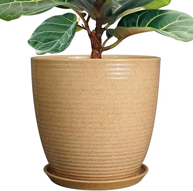 Ceramic Plant Pot 12 Inch - Large Planter for Indoor Plants Outdoor Flower Pot with Drainage Hole and Saucer Round Decorative Planter for Home Patio Garden Balcony Yellow by GreenHaven Gardens