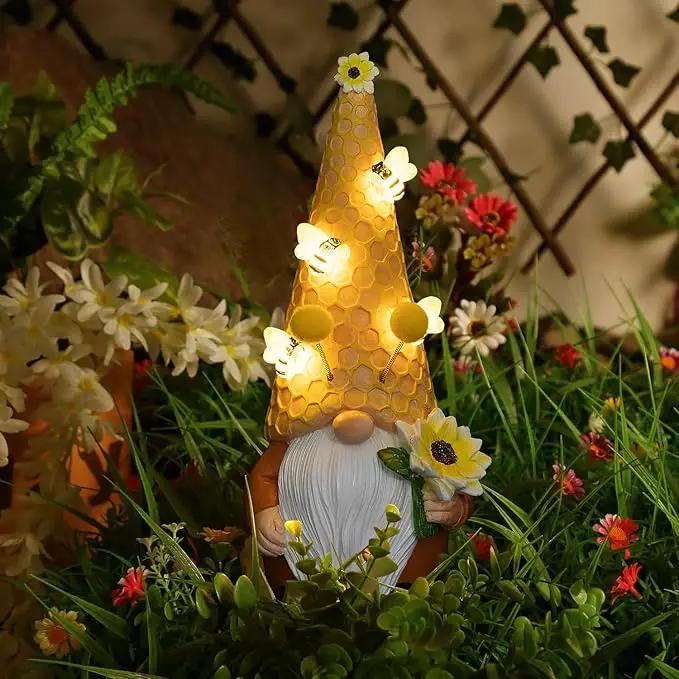pearlstar Garden Gnome Statues Bee Solar Light 10.2" Tall Large Resin Figurine Outdoor Funny Home Yard Patio Decoration Fall Thanksgiving by GreenHaven Gardens