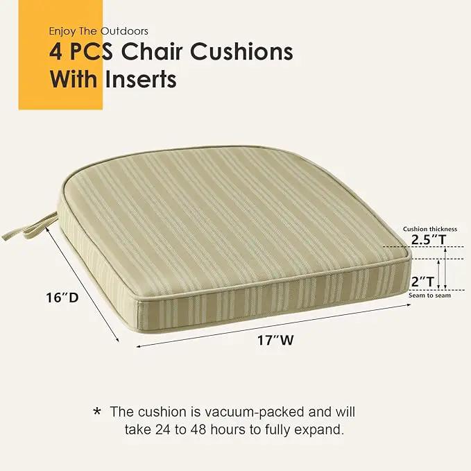 Outdoor Round Corner Seat Cushion, 17"x16"x2", Set of 4, Non Slip Seat Cushion Pads with Removable Cover for Patio Furniture, Garden Yard Lawn, Beige Brown Stripe by GreenHaven Gardens
