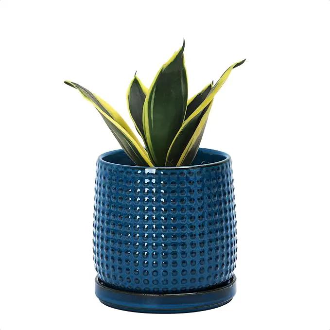 D'vine Dev 4 Inch Ceramic Beaded Stoneware Planter Pot - Flower Pot with Drainage Holes and Saucers for Indoor Succulent Plants or Flowers, Midnight Blue, 27-C-Z-3 by GreenHaven Gardens
