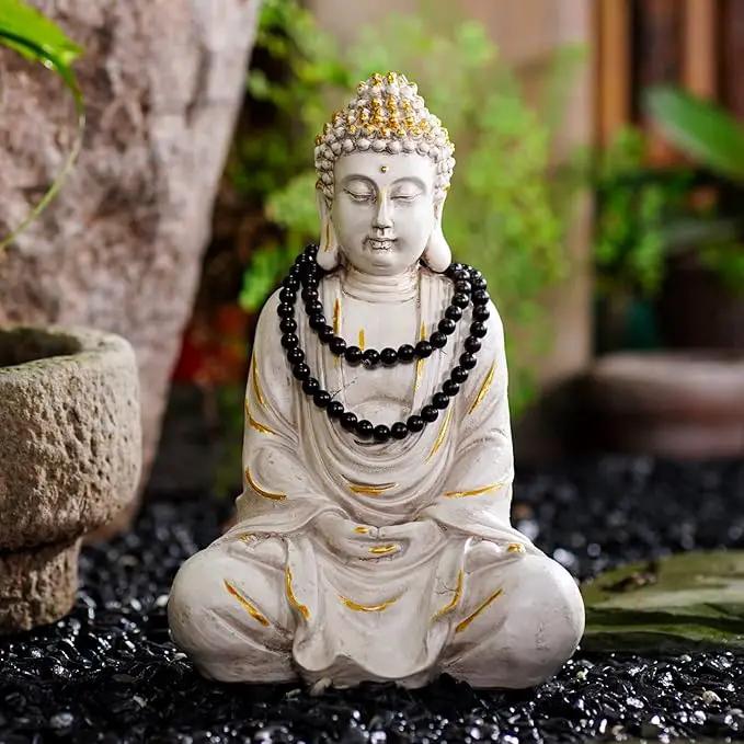 Goodeco 11.4 Meditating Zen Buddha Statue Figurine Sculpture - Indoor/Outdoor Decor for Home,Garden,with Natural Wood Beaded Necklace,Polyresin (White) by GreenHaven Gardens