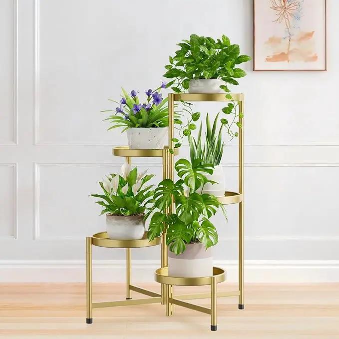 iDavosic.ly 5 Tier Large Plant Stand Indoor, 10 Inch Wide Tall Corner Metal Plant Stands Outdoor for Multiple Plants, Folding Tiered Flower Display Holder Rack Shelf, Gold by GreenHaven Gardens