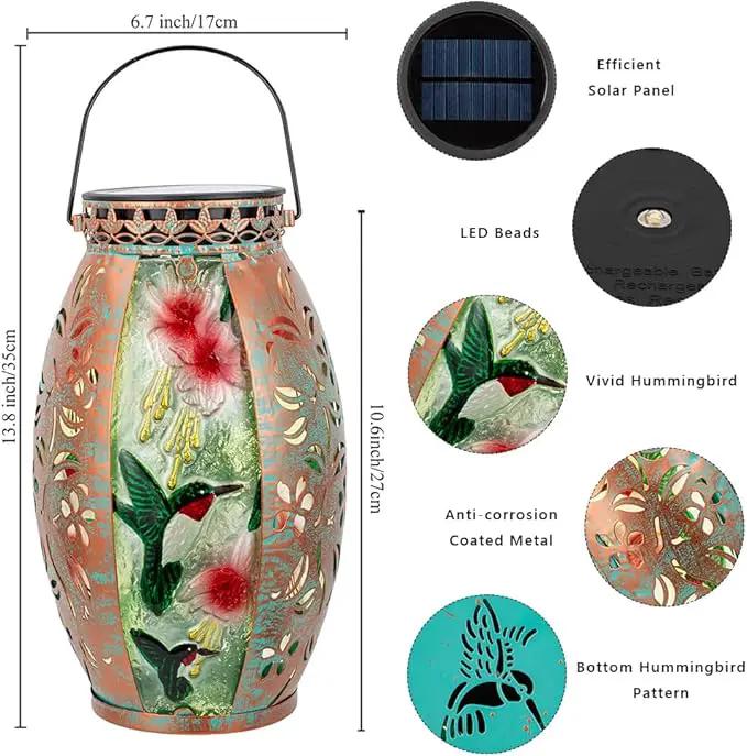 Hummingbird Solar Lanterns Outdoor Waterproof,Stained Glass & Metal Solar Lantern,Hanging Solar Lantern with Hollowed-Out Design,Hummingbird Tabletop Lamp Solar Lights for Yard Garden Patio by GreenHaven Gardens