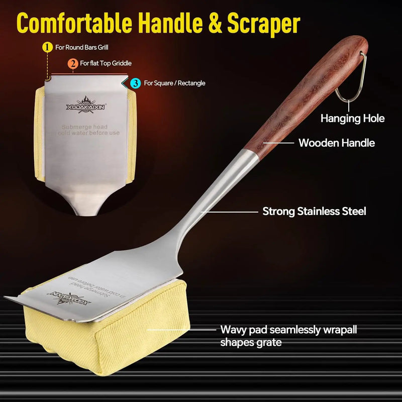 Bristle-Free Steam Grill Brush,with Extended Luxurious Rosewood Handle,Unique Seamless-Fit Scraper Tool,BBQ Replaceable Cleaning Head,Grill Cleaner for Outdoor Grill,Gifts for Men/Dad by GreenHaven Gardens