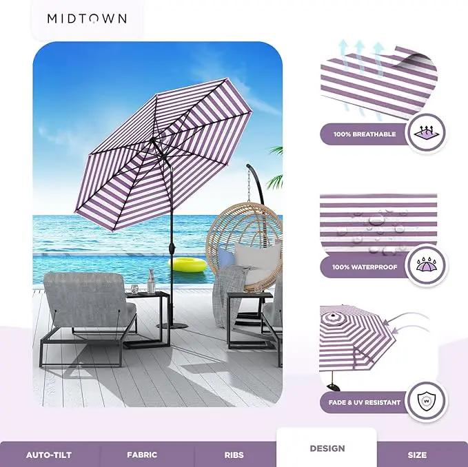 Midtown Umbrellas 10-Year-No-Fade - 8 Ft - UV Proof Purple/White Stripes Fabric - Umbrella Outdoor Patio, Auto-Tilt Aluminum Frame Patio Umbrella for Garden, Pool & Deck - Black Pole by GreenHaven Gardens