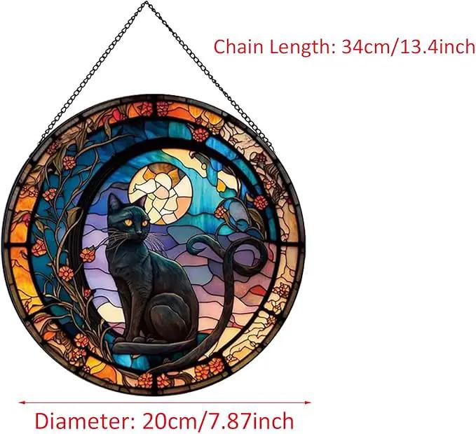 Black Cat Stained Glass Window Hangings,Suncatcher Stained Glass for Windows for Cat Lovers,20cm/7.87inch Hand-Painted Sun Catcher Garden Hangings Halloween Fall Christmas Decor for Home by GreenHaven Gardens