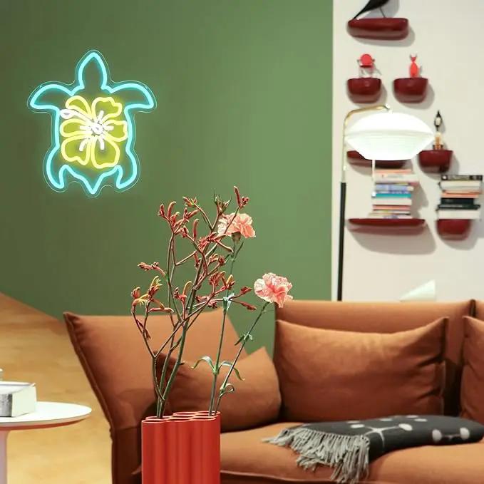 Sea Turtle Hibiscus Neon Signs for Wall Decor Blue Turtle Neon Light Yellow Flower LED Neon Wall Sign Ocean Neon Light Up Sign for Bedroom Living Room Office Decor Sea Turtle Gifts by GreenHaven Gardens