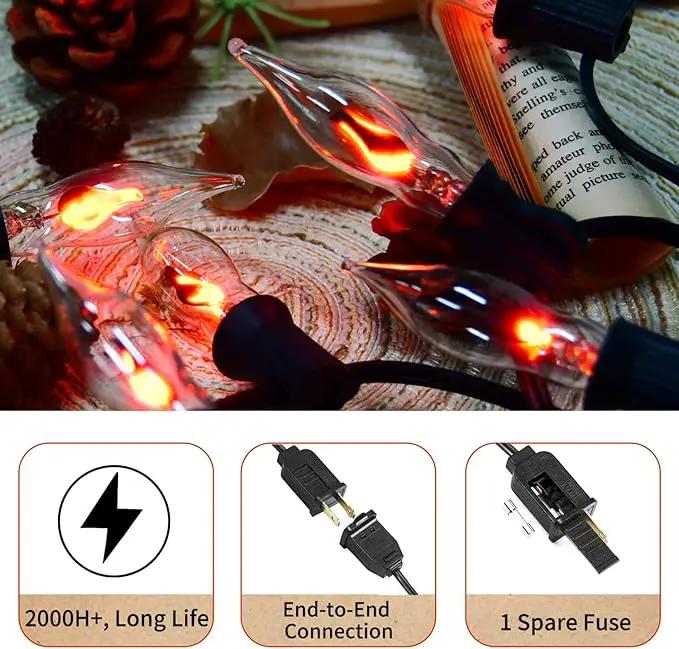 27.8Ft Halloween Decorations Flickering Flame String Lights with 29 Pack Clear Glass Flame Light Bulbs (4 Spare), E12 Base, Great for Christmas Halloween Indoor Outdoor Home Party Decor, Black Wire by GreenHaven Gardens