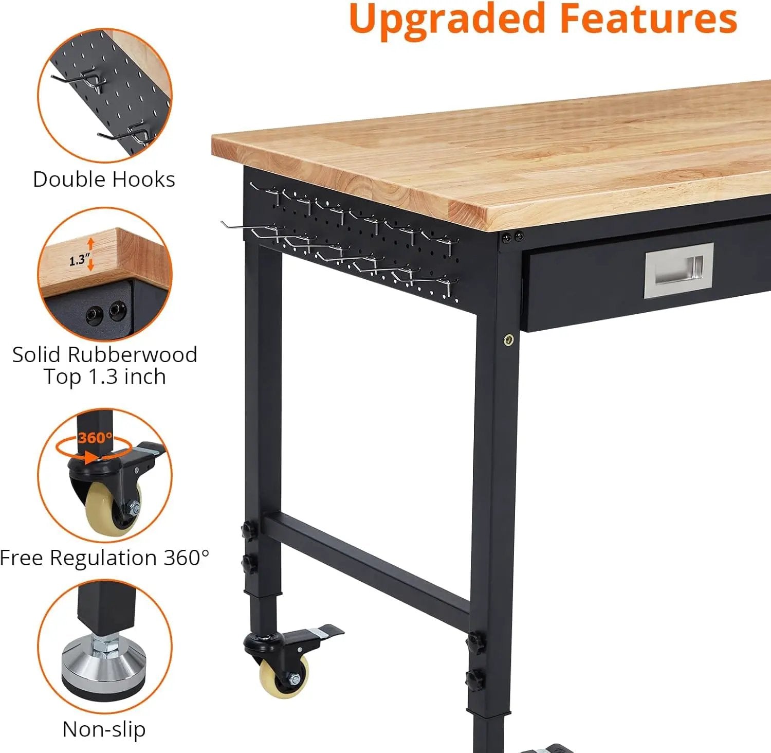 48'' Adjustable Workbench on Wheels, 2000LBS Heavy Duty Worktable with Power Outlets & Drawers, Rubberwood Workstation for Workshop, Garage, Office, Home by GreenHaven Gardens