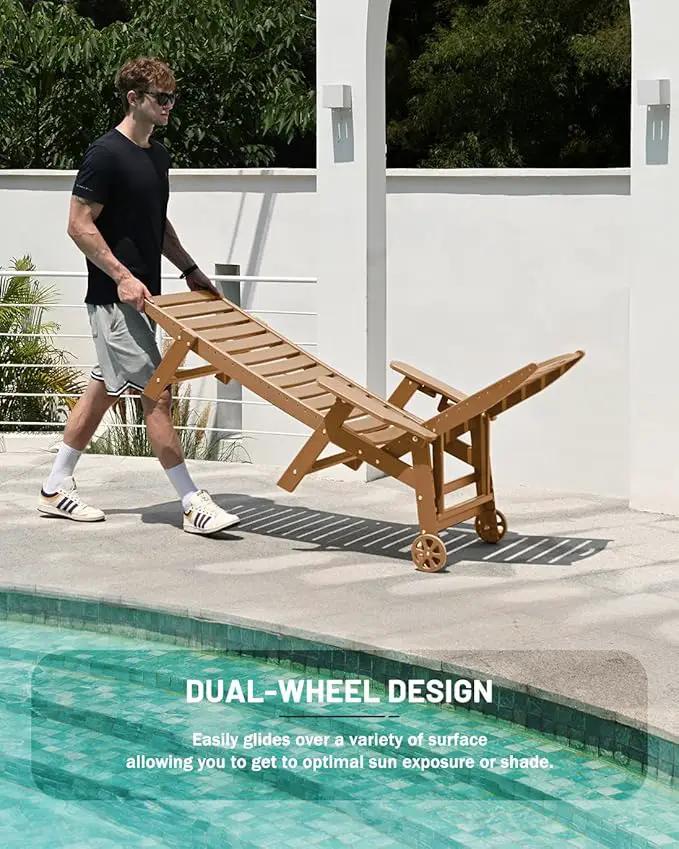 Lounge Chair Outdoor, Chaise Lounge, HDPE 6-Position Outdoor Chaise Lounge, Patio Lounge Chair with Wheels & Cup Holder for Pool Poolside Deck Backyard, Teak by GreenHaven Gardens