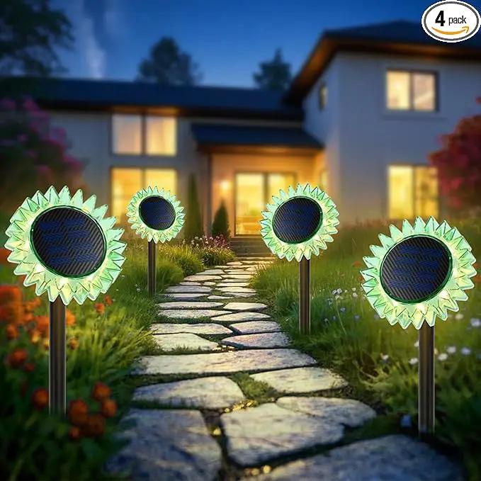 Outdoor Solar Lights, 4 Pack Led Solar Sunflower Lights, Stake/Wall 2-in-1 Waterproof Solar Garden Lights for Yard, Landscape, Fence, Patio, Driveway, Pathway, Backyard Decoration (Warm White) by GreenHaven Gardens