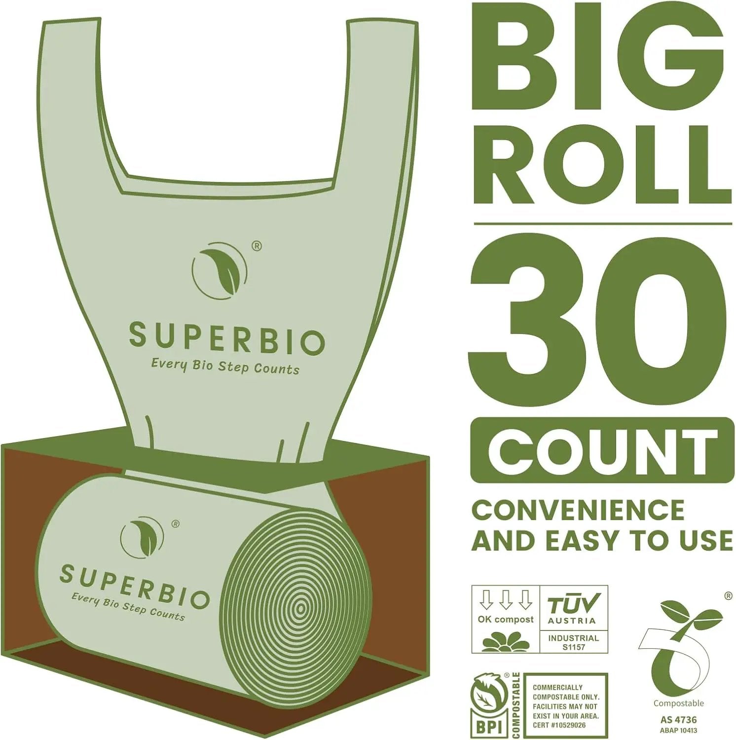 SUPERBIO 13 Gallon Compostable Kitchen Waste Bags with Handles, Food Scrap Bags Certified by BPI, OK compost INDUSTRIAL, 30 Count, 49.2L by GreenHaven Gardens