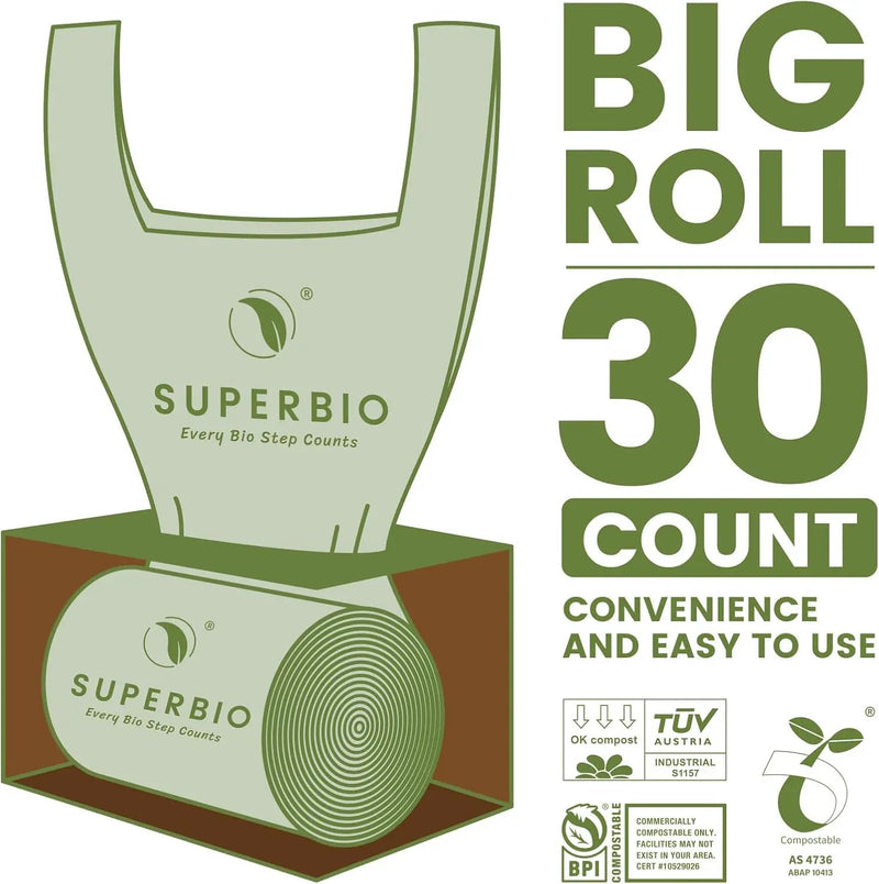 SUPERBIO 13 Gallon Compostable Kitchen Waste Bags with Handles, Food Scrap Bags Certified by BPI, OK compost INDUSTRIAL, 30 Count, 49.2L by GreenHaven Gardens
