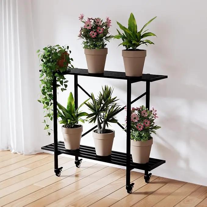 Zhongma 2 Tier Metal Sturdy Narrow Plant Stand with Wheels, Plant Stand Indoor and Outdoor, L35.43 x W10.3 x H29.9 inch, 440 LBS Capacity & Heavy Duty Construction. by GreenHaven Gardens