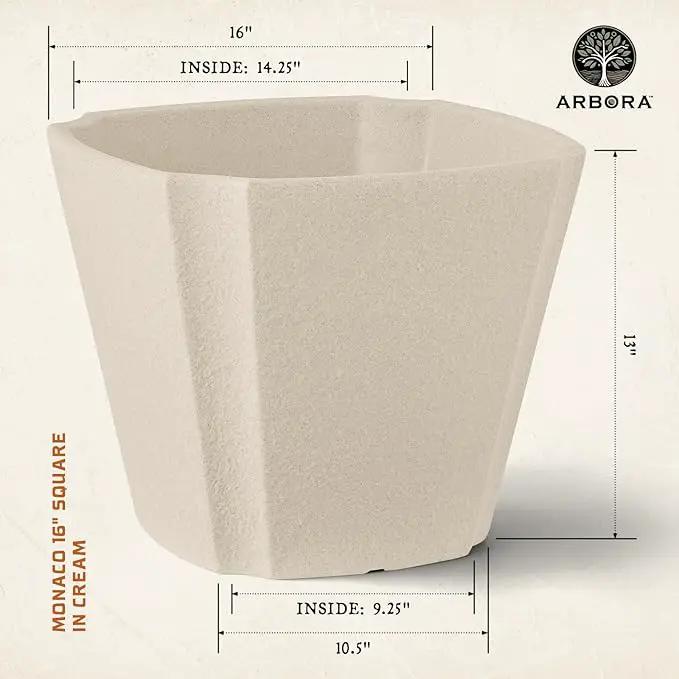 ARBORA 16" Monaco Square Polyresin Indoor and Outdoor Planter with Classic Cream Finish - Durable, Weatherproof, Lightweight, Large Plant Pot for Patio, Garden, Deck, Entryway by GreenHaven Gardens