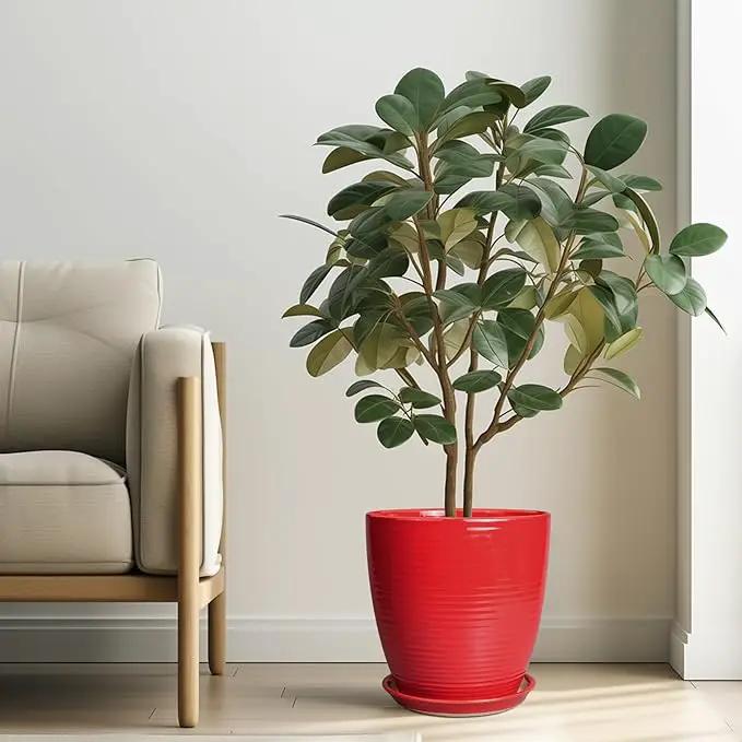 Ceramic Planter 10 Inch - Ceramic Pot for Plants Large Plant Pot Indoor with Drainage Hole and Saucer Round Outdoor Planter Modern Flower Pot for Garden House Red by GreenHaven Gardens