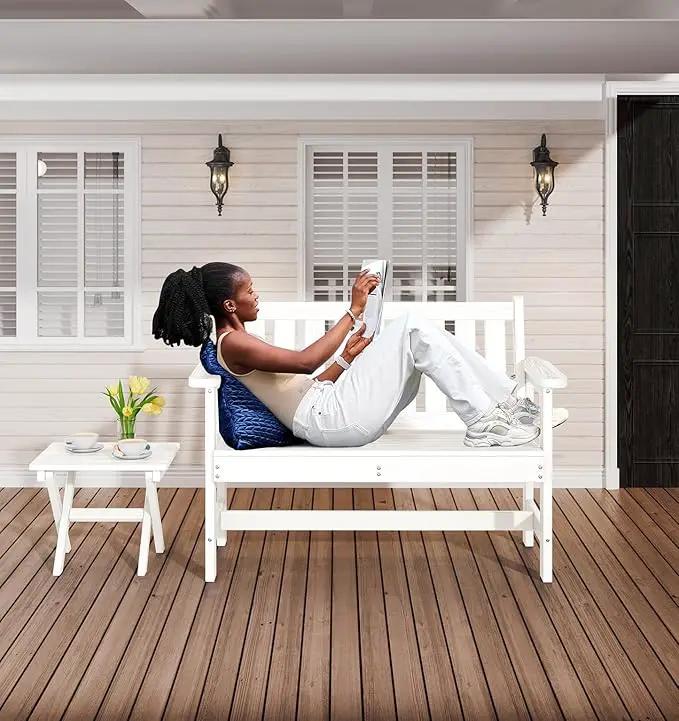 SERWALL Outdoor Bench, HDPE Outdoor Benches Weatherproof, 2-Person Garden Bench with 660 lbs Weight Capacity, Patio Benches for Outdoors, Garden, Porch, Backyard and Park, White, 2 Pack by GreenHaven Gardens