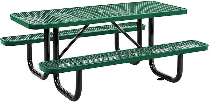 Global Industrial 6’L Rectangular Picnic Table, Expanded Metal, Green Thermoplastic Coating, Attached Benches, 1-1/2” Umbrella Pole Hole, Outdoor-Rated, 1000 lb Capacity, 72” x 30” Tabletop by GreenHaven Gardens