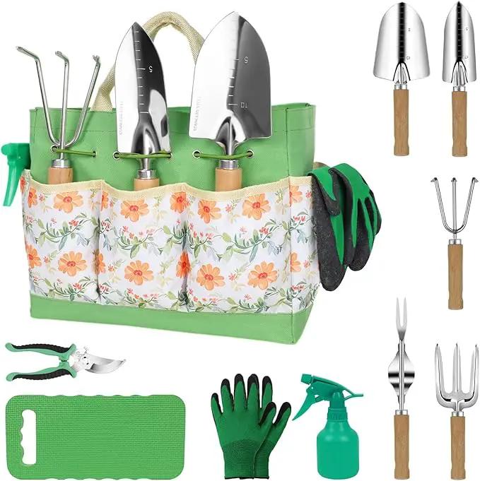 LeMotech Gardening Tools, 10-Piece Heavy Duty Garden Hand Tools Set with Wooden Handle, Durable Fashion Organizer Bag for Garden Supplies, Gardening Gifts for Women Grandmother, Yellow Floral Pattern by GreenHaven Gardens