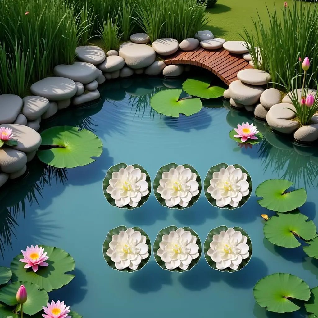 6 Pcs White Artificial Lotus Flowers Large Floating Lotus Flowers Faux Flowers Water Lily Flowers Fish Pond Plants with Artificial Lily Pads, Home Decor Flowers by GreenHaven Gardens