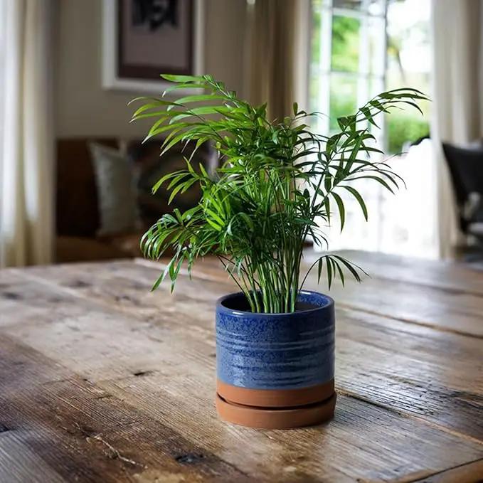 6 Inch Plant Pots, Ceramic Planter Pot with Drainage Hole & Saucer, Indoor/Outdoor Cylinder Round Planter Pot, Aqua Blue & Terracotta Red by GreenHaven Gardens