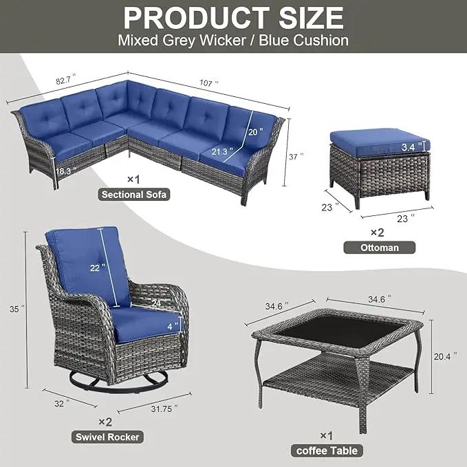 Outdoor Furniture Sectional Sofa L Shaped Couch - Patio Wicker Set with 2 Swivel Glider Chairs, 8 Piece Rattan Patio Conversation Sets with Blue Cushion for Deck Backyard Sunroom by GreenHaven Gardens