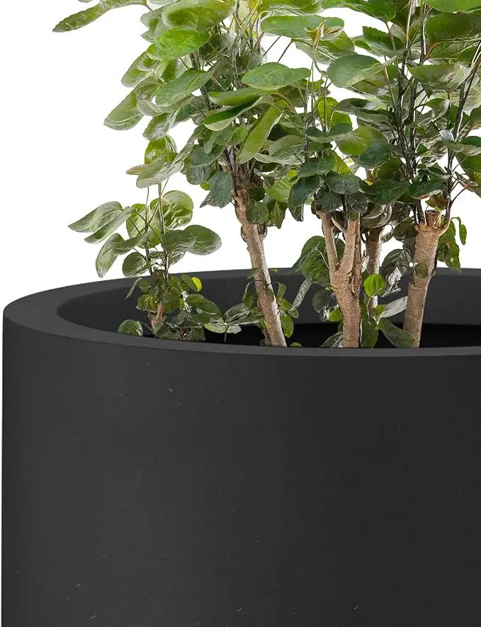 Kante 24 Inch Tall Round Concrete Planter, Large Indoor Outdoor Plant Pots with Drainage Hole and Rubber Plug, Modern Decorative Garden Pots for Home Patio Porch, Black by GreenHaven Gardens