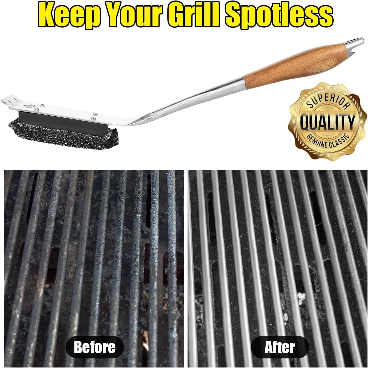 Grill Brush Bristle Free,Unique Steel Fibers Pad [Safe & Efficient] Perfect for Cast Iron/Stainless-Steel Grates - with 1 Replaceable Cleaning Head - Safe Grill Cleaner for Outdoor Grill by GreenHaven Gardens