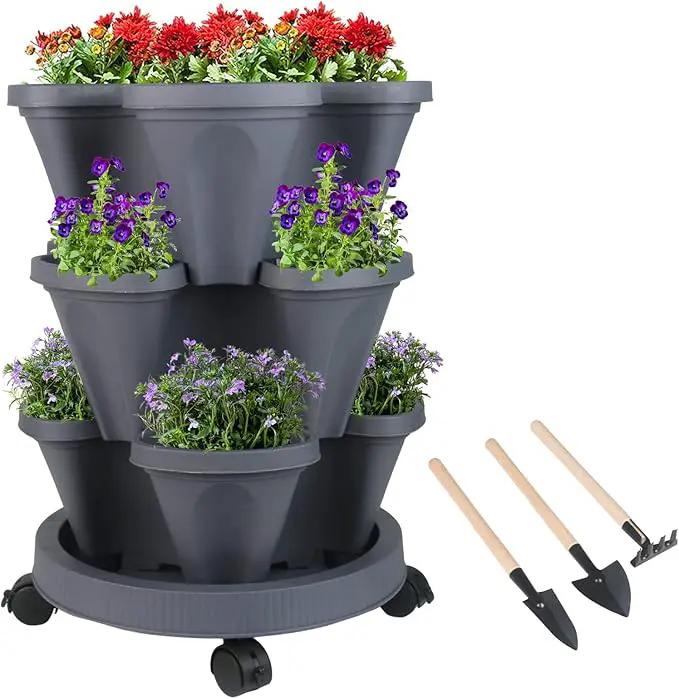 Vertical Planter 3 Tier Stackable Planters Garden Planters Strawberry Herb Flower and Vegetable Planter Indoor Outdoor Gardening Pots with Removable Wheels and Tools by GreenHaven Gardens