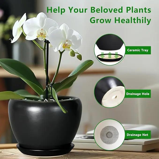 Ceramic Planter Pot - 8 Inch Plant Pot with Drainage Hole and Saucer Round Planter for Indoor Plants Modern Outdoor Flower Pot for House Balcony Black by GreenHaven Gardens