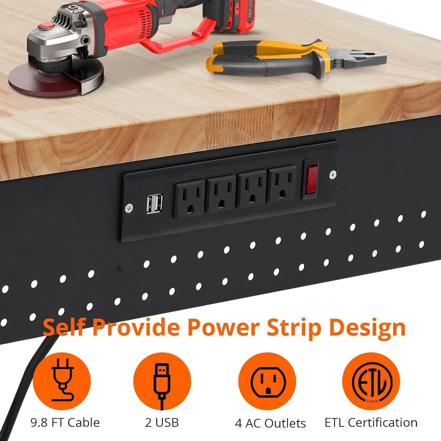 60'' Adjustable Workbench on Wheels, 2000LBS Heavy Duty Worktable with Power Outlets, Rubberwood Workstation for Workshop, Garage, Office, Home by GreenHaven Gardens