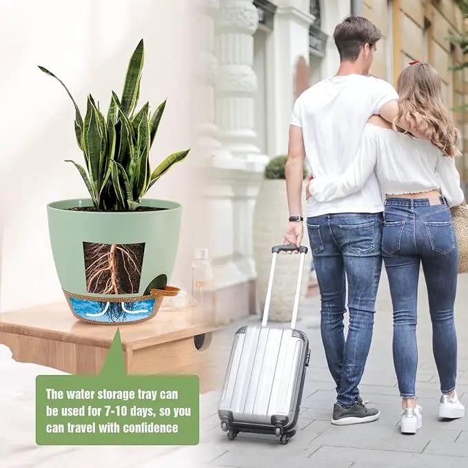 Large Self Watering Pots, 12/10/9 Plastic Planters with High Drainage Holes and Deep Reservoir for Indoor Outdoor Garden Plants and Flowers, Green with Brown by GreenHaven Gardens