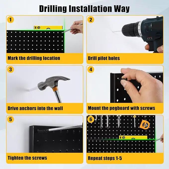 6 Pcs Metal Pegboard Panels, Heavy Duty Peg Boards for Garage and Garden Tool Storage, Includes Drywall Anchors and Screws Kits, Black by GreenHaven Gardens