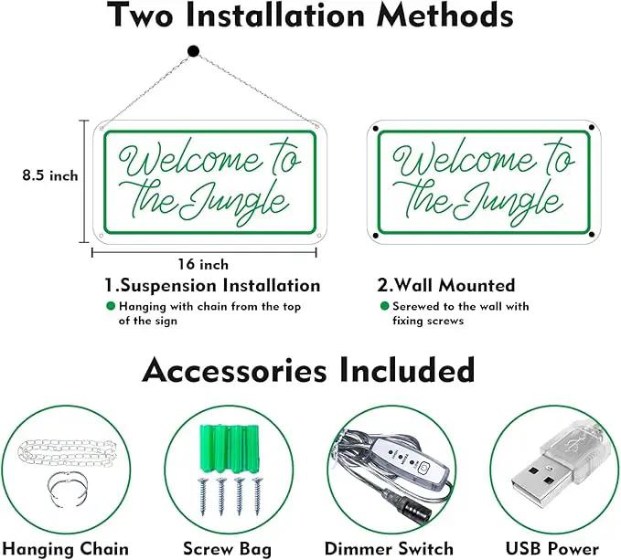 Welcome to the Jungle Neon Sign, Neon Light Sign for Wall Decor Dimmable Green LED signs for Bedroom Home Birthday Party Wedding Engagement Garden Man Cave Decor USB Powered by GreenHaven Gardens