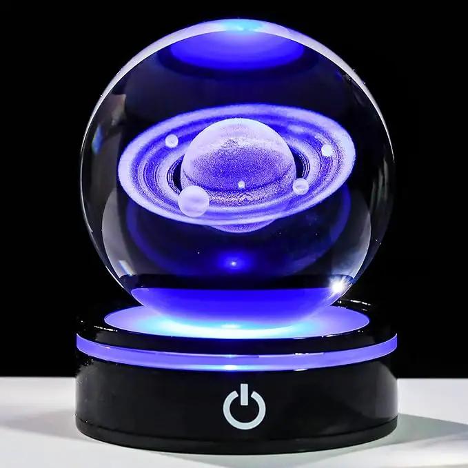 YWHL 3D Crystal Ball with LED Light Base, 3D Laser Engraved Glass Sphere Galaxy Crystal Ball for Home Decorations, Planet Saturn Lamp Gifts for Mother's Day Birthday Christmas (80mm) by GreenHaven Gardens