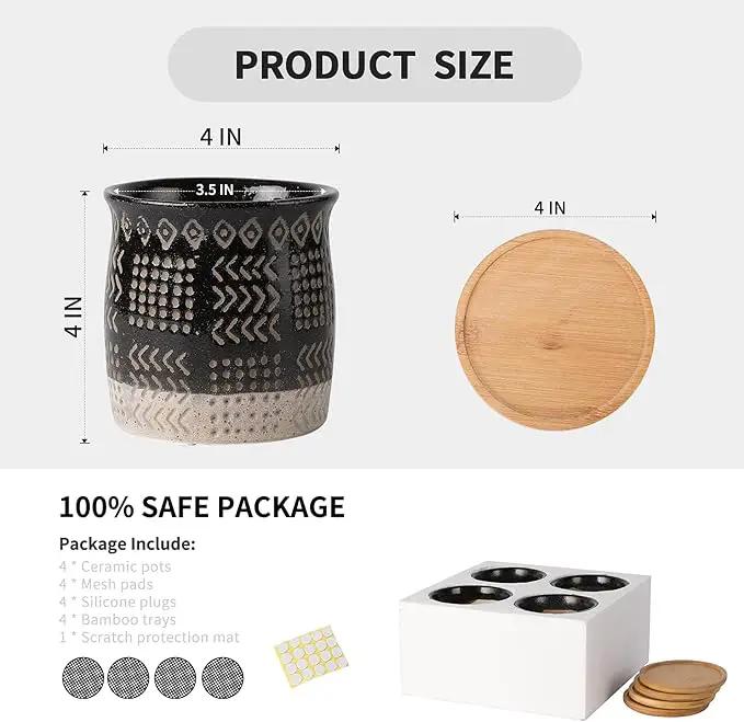 OMAYKEY 4 Inch Ceramic Plant Pot with Tray, Retro Black Small Planters Pots with Drainage Hole & Mesh Pads for Succulent, Indoor Flowers, Snake Plants, Cactus, Herbs, Aloes - 4 Packs by GreenHaven Gardens