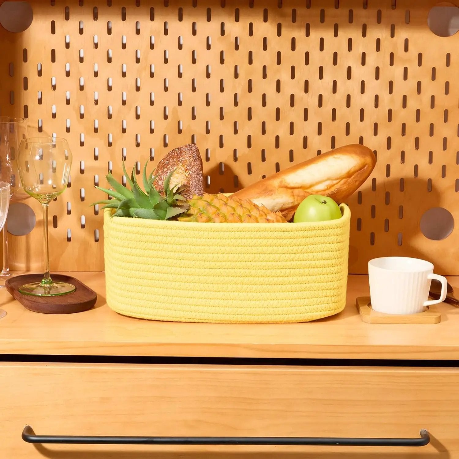 Small Storage Baskets for Organizing | Closet Organizer Bins | Shelf Toy Basket | Woven Rope Baskets | Cube Decorative Box | Shallow Basket | 13x8.5x5.1” | 3 Packs Yellow by GreenHaven Gardens