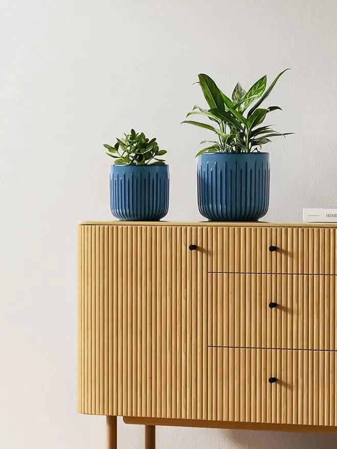 LE TAUCI Ceramic Pots for Plants, 8.3+6.9+5.7 inch Plant Pots Indoor, Flower Pots with Drainage Holes, Medium Cylinder Planters Pot for Indoor House Plants, Set of 3, Glaze Ocean Blue by GreenHaven Gardens