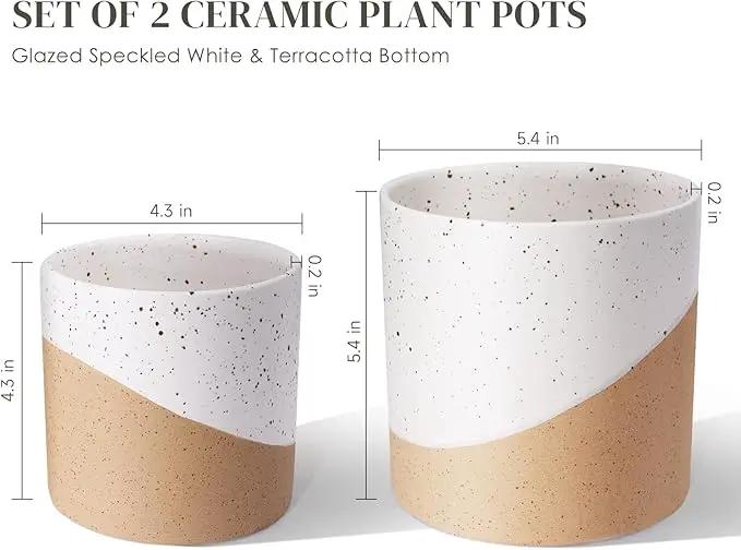 Ceramic Pots for Indoor Plants, 2 Set Flower Pots 5.4/4.3 Inch with Drainage, Double Color Glazed Speckled White & Terracotta Bottom Ceramic Planter Idea for Plant Lovers by GreenHaven Gardens