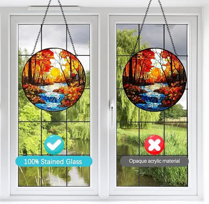 Sunset Suncatcher Stained Glass Window Hanging - Sun Catchers Indoor Window Decorations with Tree and River - Sunset Scenery Window hangings with Hooks - Valentines Day Gifts for Him Her Women Men by GreenHaven Gardens