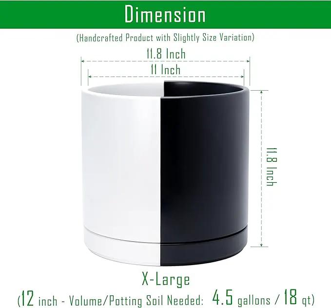 D'vine Dev 12 Inch Ceramic Planter Pot with Drainage Hole and Saucer, Indoor Cylinder Round Planter Pot, Split Monochrome Black & White, 94-O-F-0 by GreenHaven Gardens