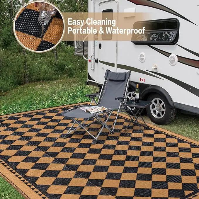 Outdoor Waterproof Rug 8'x10' Plastic Straw Rugs Washable Reversible Floor Mat Brown Plaid Carpet for Camping RV Deck Entryance Porch Picnic Balcony Beach Backyard by GreenHaven Gardens