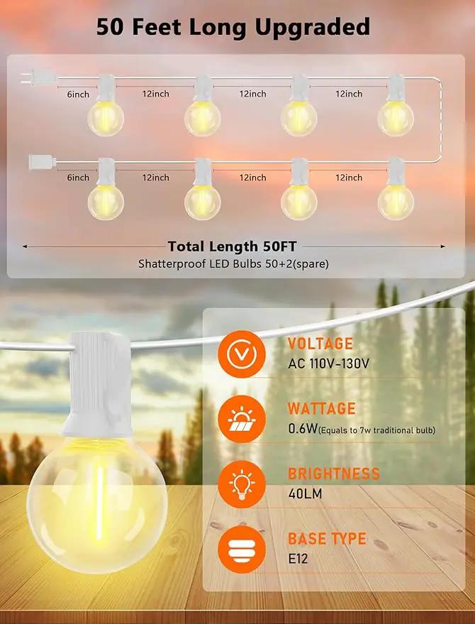 Outdoor LED String Lights 50ft - G40 Edison Bulbs with Clear Plastic Globes, Dimmable Waterproof Commercial Grade Fairy Lights for Wedding/Backyard/Cafe, Indoor Outdoor Party Decoration (Warm White) by GreenHaven Gardens